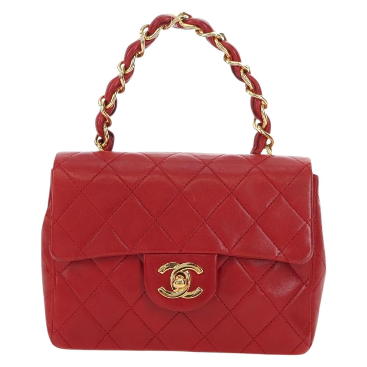 CHANEL Mini Matelasse 17 Hand Bag Lamb Skin Red Gold CC Auth 156630