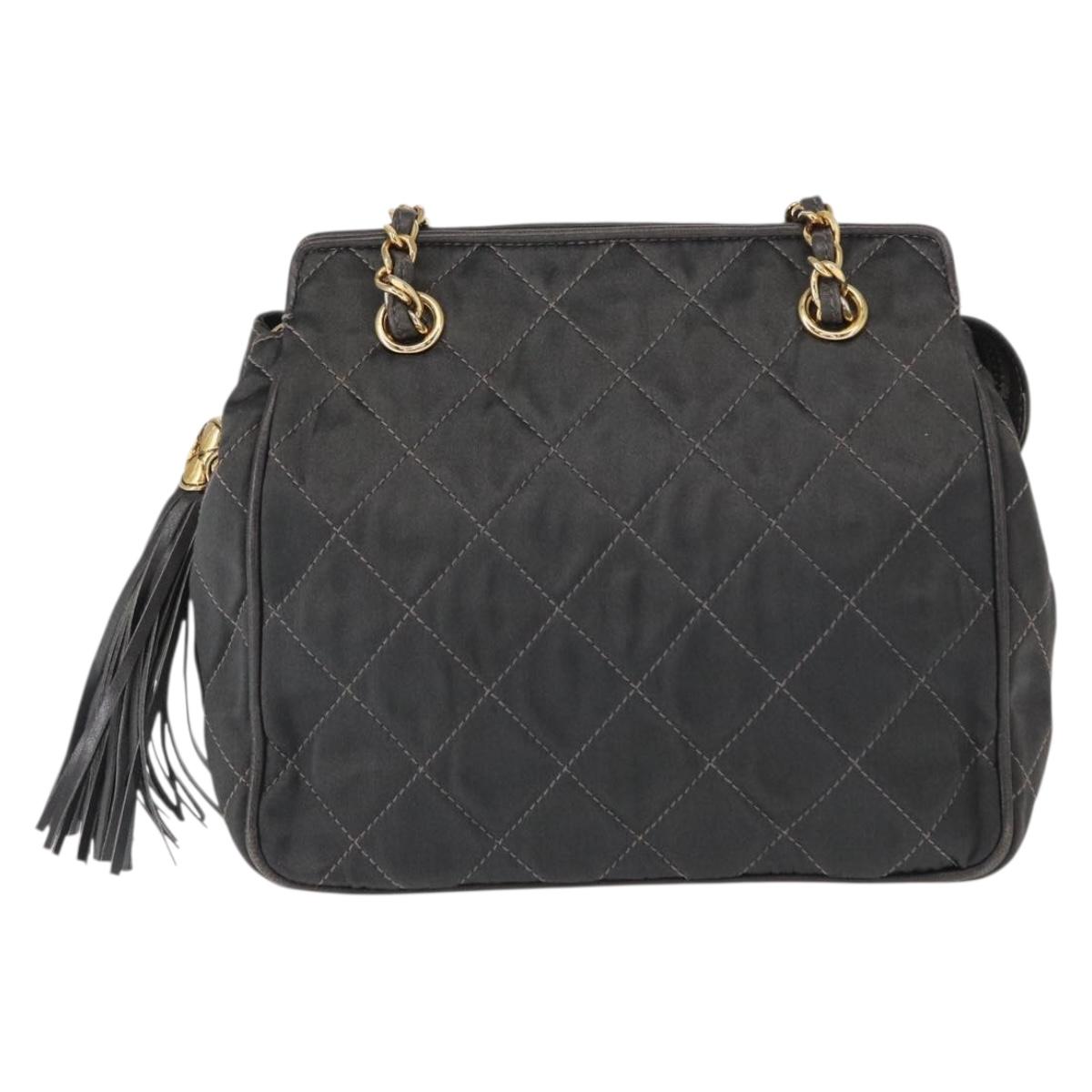 CHANEL Matelasse Chain Shoulder Bag Satin Gray Gold CC Auth 156631V