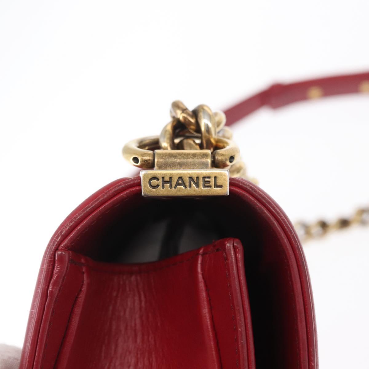 CHANEL Boy Chanel Medium Chain Shoulder Bag Leather Red Gold CC Auth 156633V