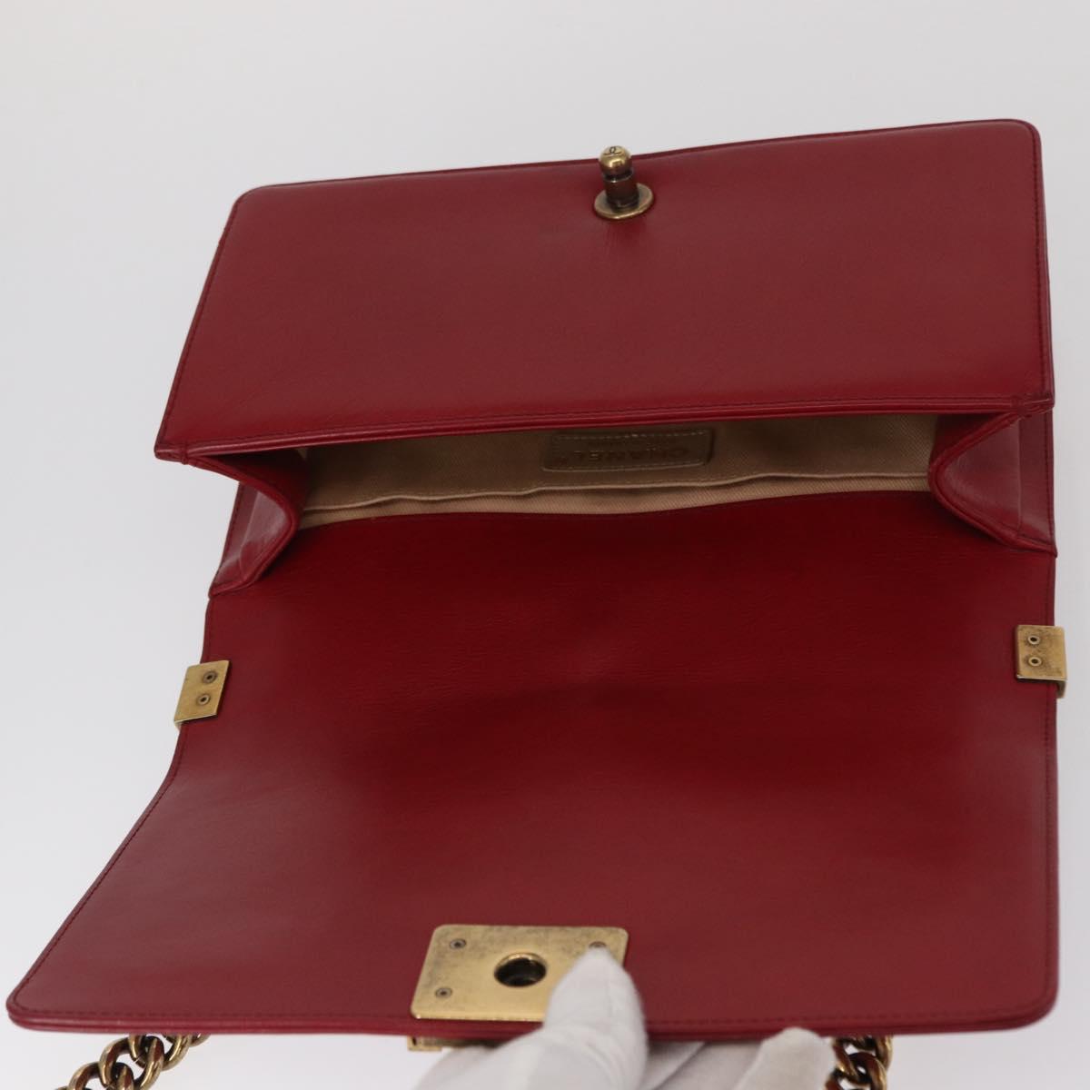 CHANEL Boy Chanel Medium Chain Shoulder Bag Leather Red Gold CC Auth 156633V