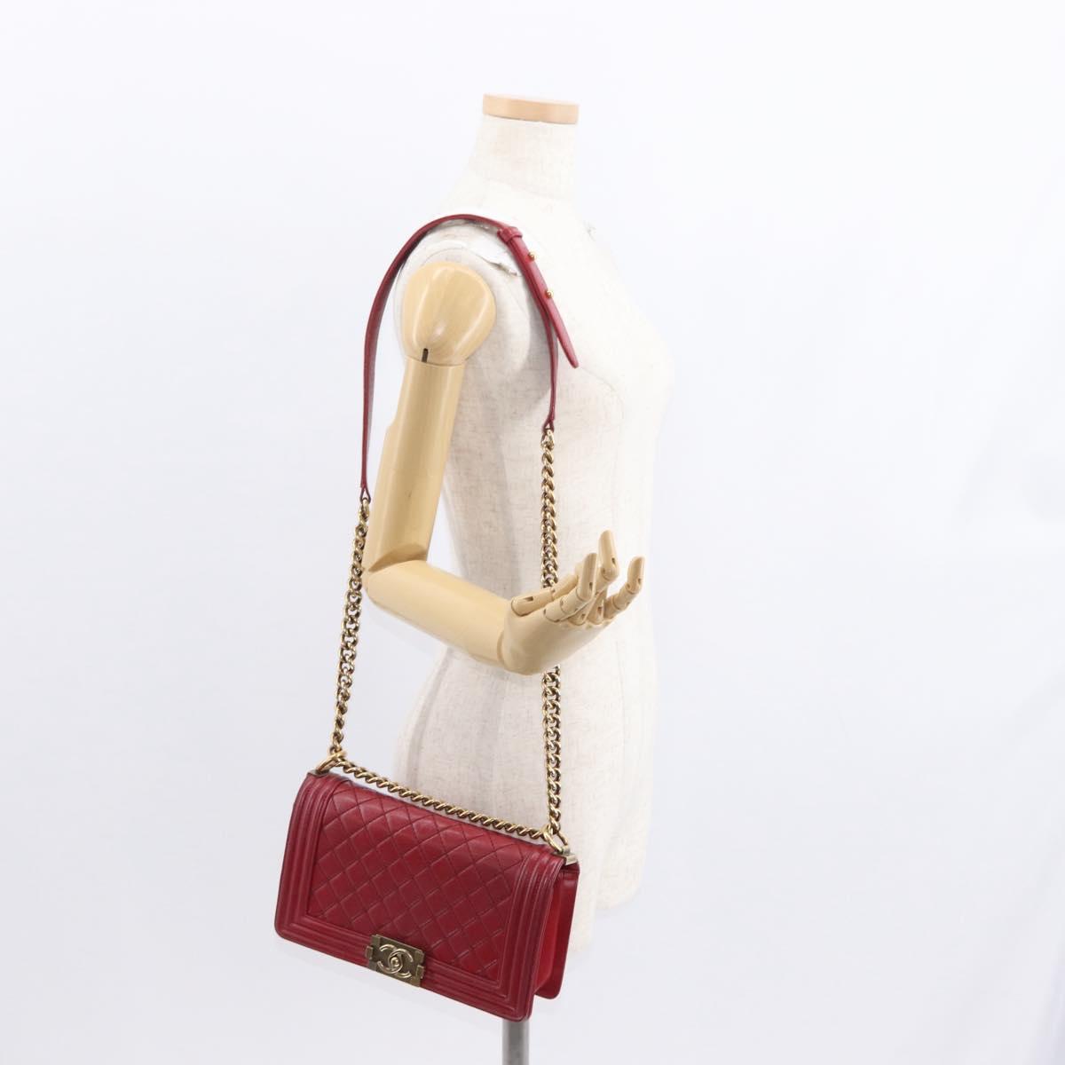 CHANEL Boy Chanel Medium Chain Shoulder Bag Leather Red Gold CC Auth 156633V