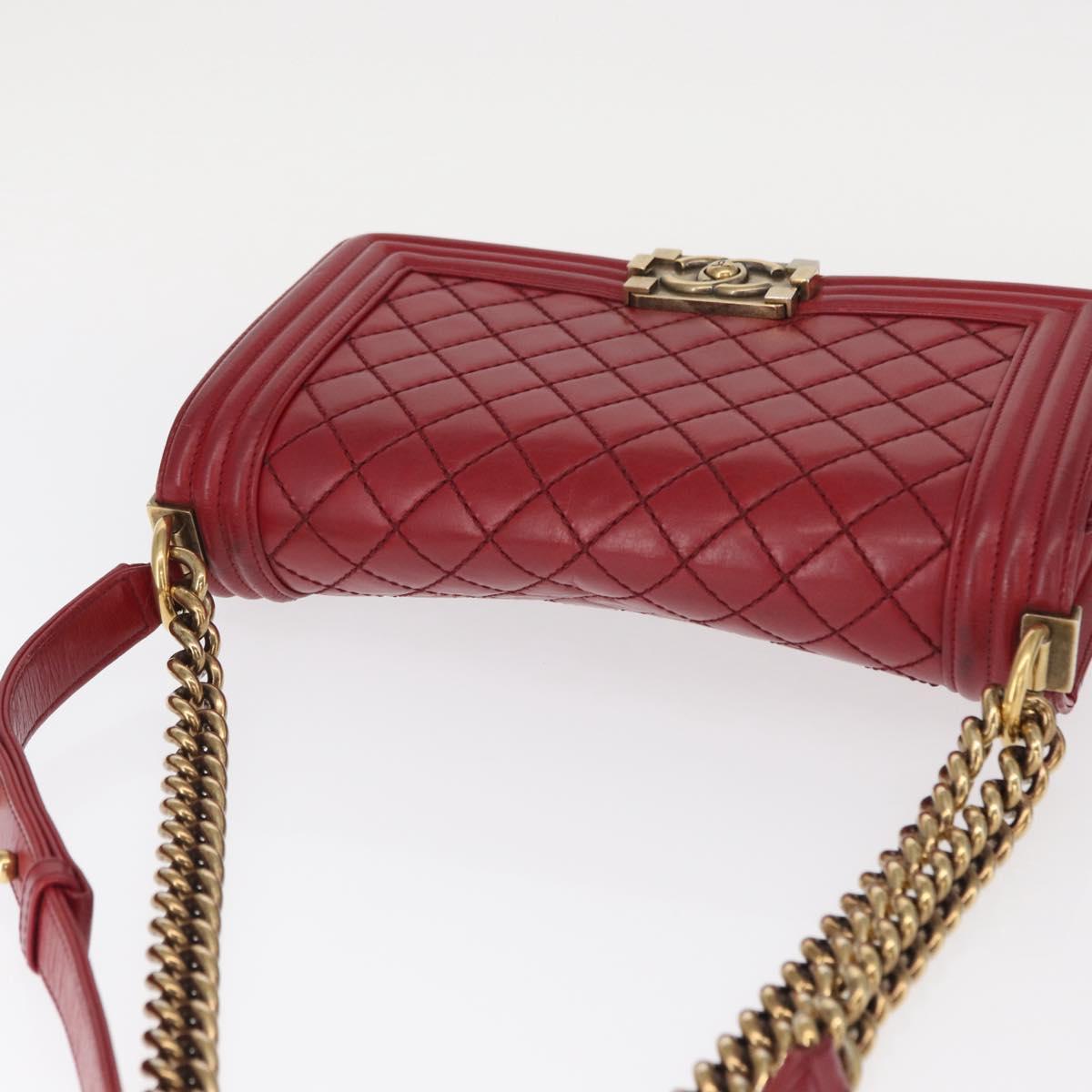 CHANEL Boy Chanel Medium Chain Shoulder Bag Leather Red Gold CC Auth 156633V