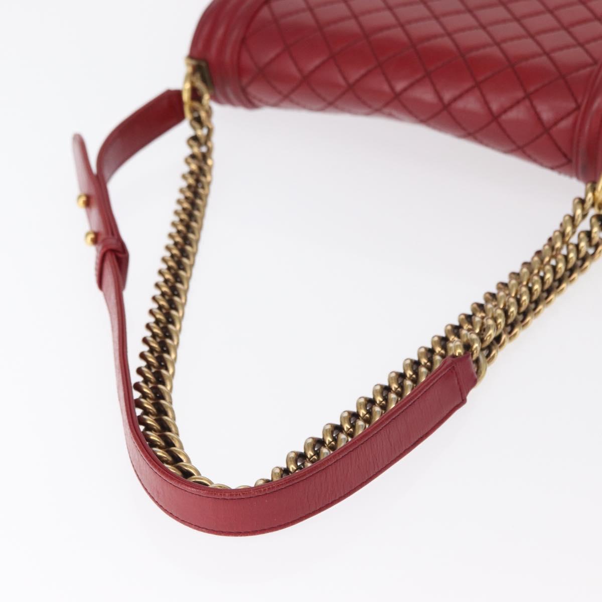 CHANEL Boy Chanel Medium Chain Shoulder Bag Leather Red Gold CC Auth 156633V