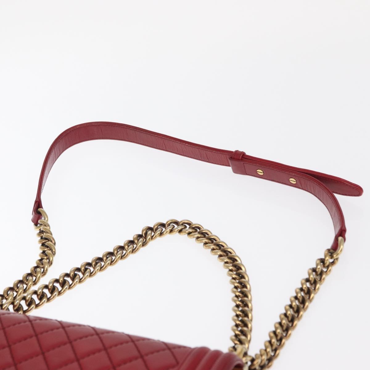 CHANEL Boy Chanel Medium Chain Shoulder Bag Leather Red Gold CC Auth 156633V