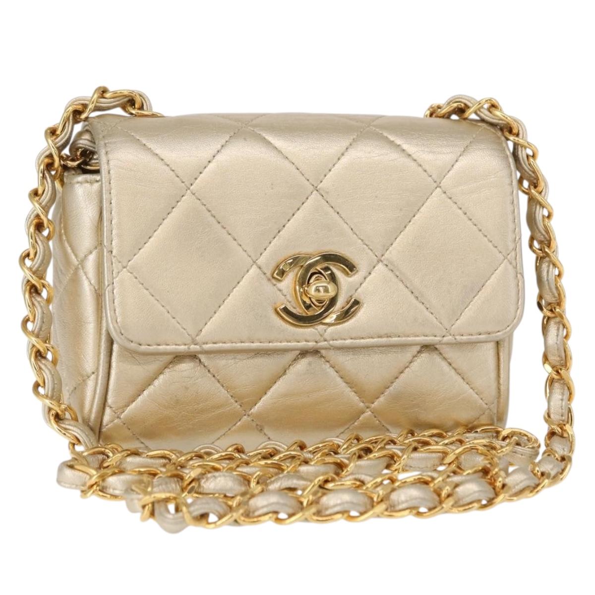 CHANEL Mini Matelasse 13 Chain Shoulder Bag Leather Gold CC Auth 156634SAM