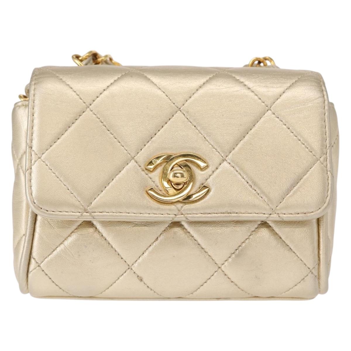 CHANEL Mini Matelasse 13 Chain Shoulder Bag Leather Gold CC Auth 156634SAM