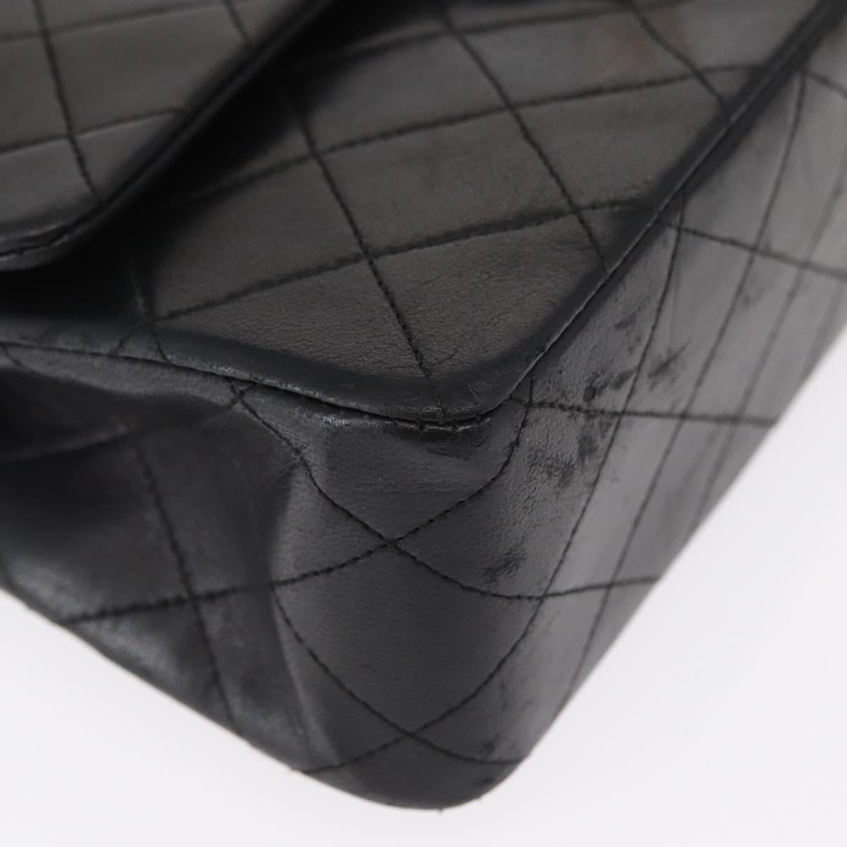 CHANEL Matelasse 25 Double Flap Chain Bag Lamb Skin Black Gold CC Auth 156636SAV