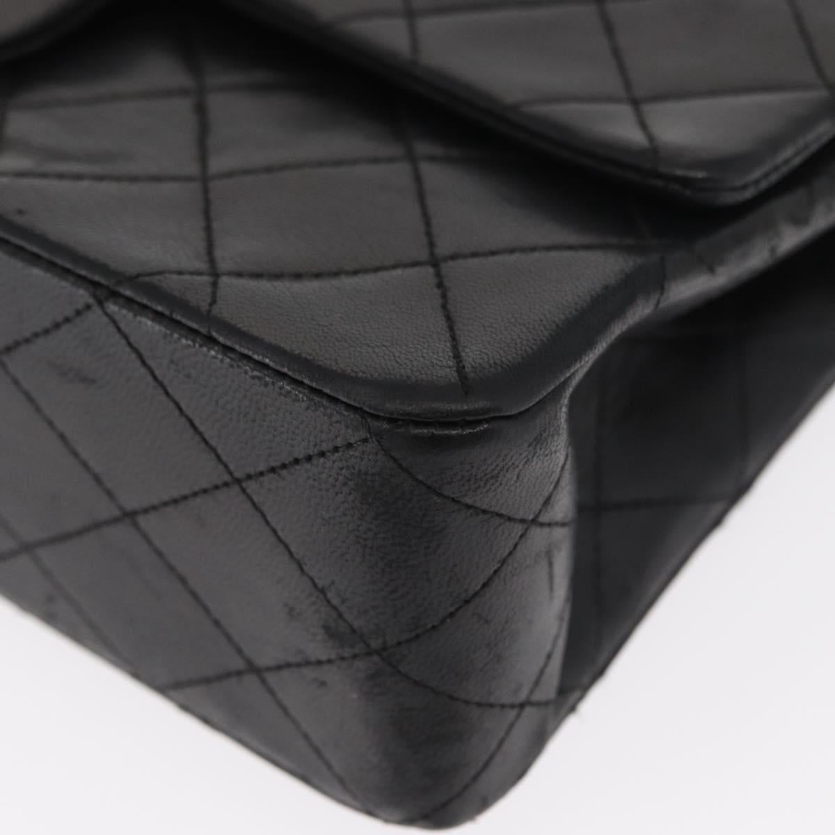 CHANEL Matelasse 25 Double Flap Chain Bag Lamb Skin Black Gold CC Auth 156636SAV