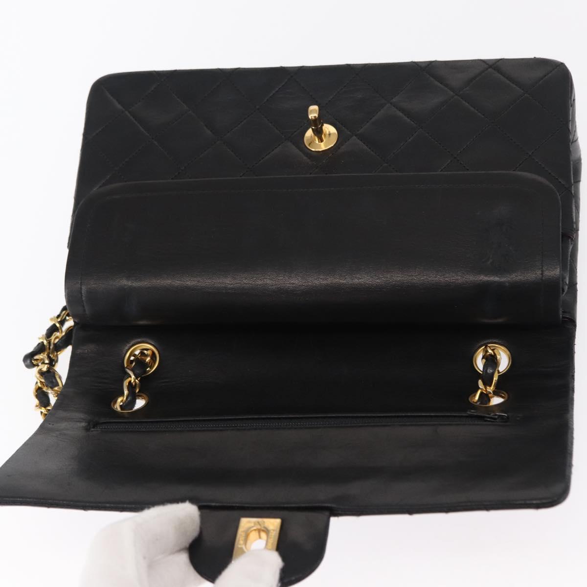 CHANEL Matelasse 25 Double Flap Chain Bag Lamb Skin Black Gold CC Auth 156636SAV
