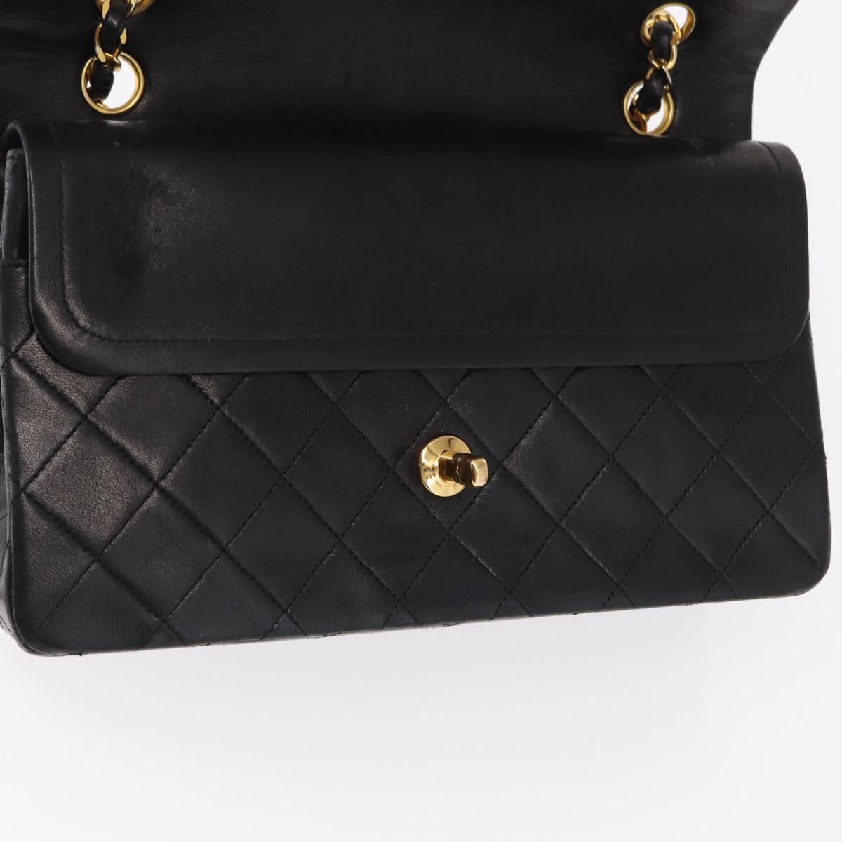 CHANEL Matelasse 25 Double Flap Chain Bag Lamb Skin Black Gold CC Auth 156636SAV