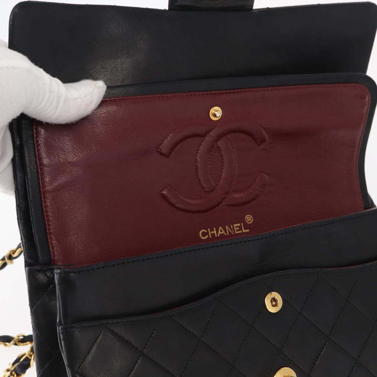 CHANEL Matelasse 25 Double Flap Chain Bag Lamb Skin Black Gold CC Auth 156636SAV