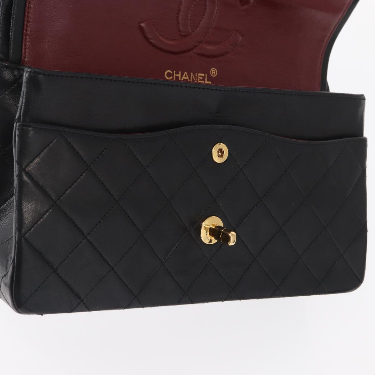CHANEL Matelasse 25 Double Flap Chain Bag Lamb Skin Black Gold CC Auth 156636SAV