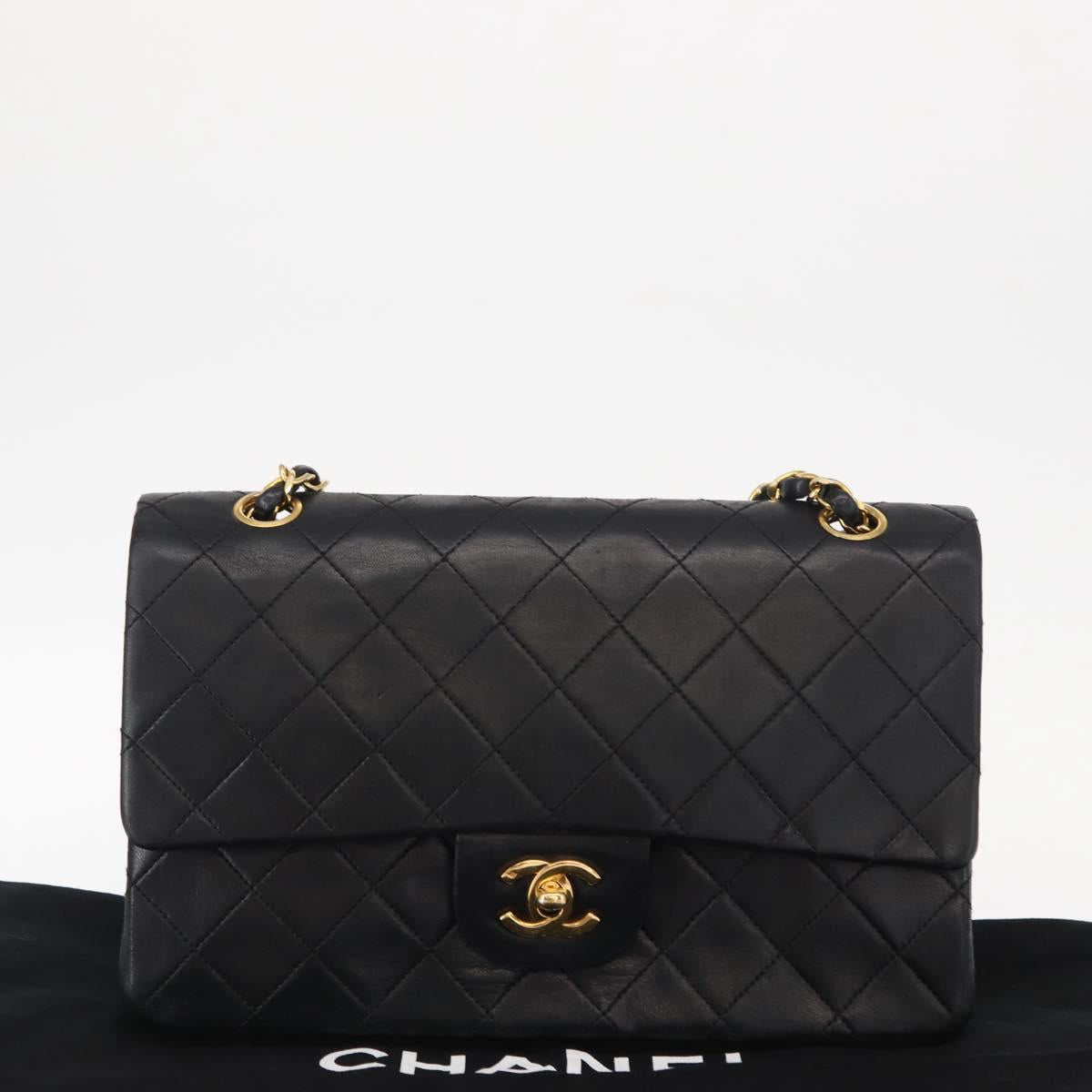CHANEL Matelasse 25 Double Flap Chain Bag Lamb Skin Black Gold CC Auth 156636SAV