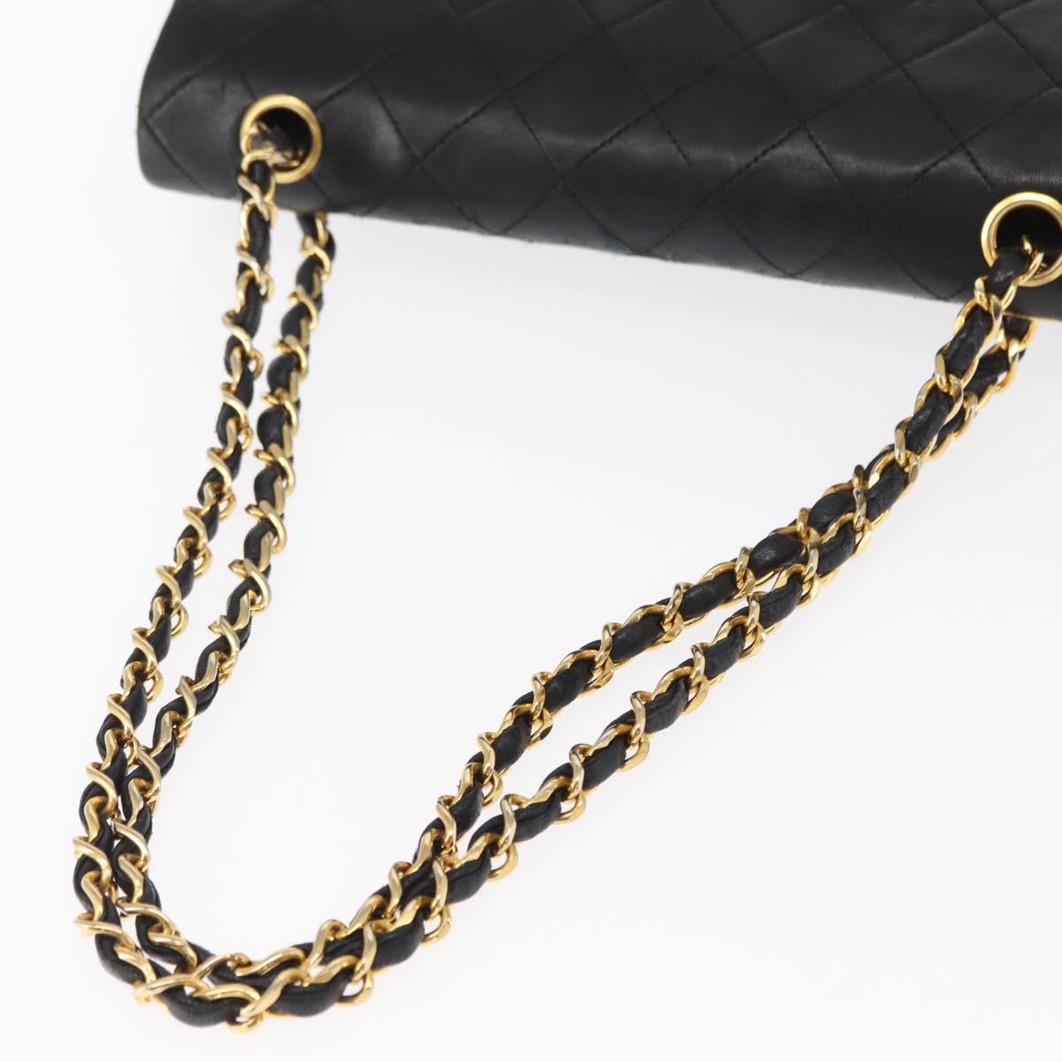 CHANEL Matelasse 25 Double Flap Chain Bag Lamb Skin Black Gold CC Auth 156636SAV