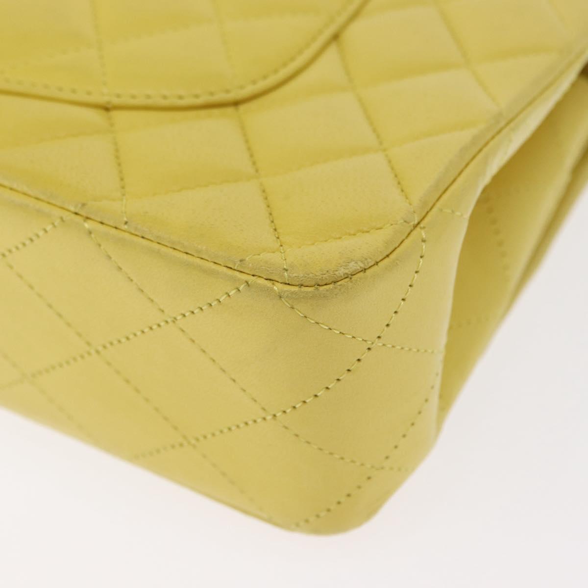 CHANEL Matelasse 25 Double Flap Chain Bag Lamb Skin Yellow CC Auth 156637SM
