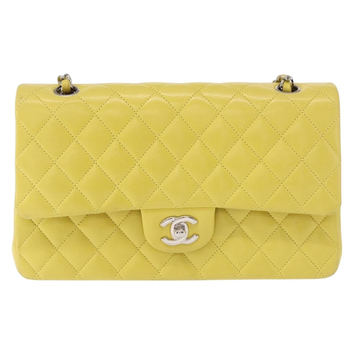 CHANEL Matelasse 25 Double Flap Chain Bag Lamb Skin Yellow CC Auth 156637SM
