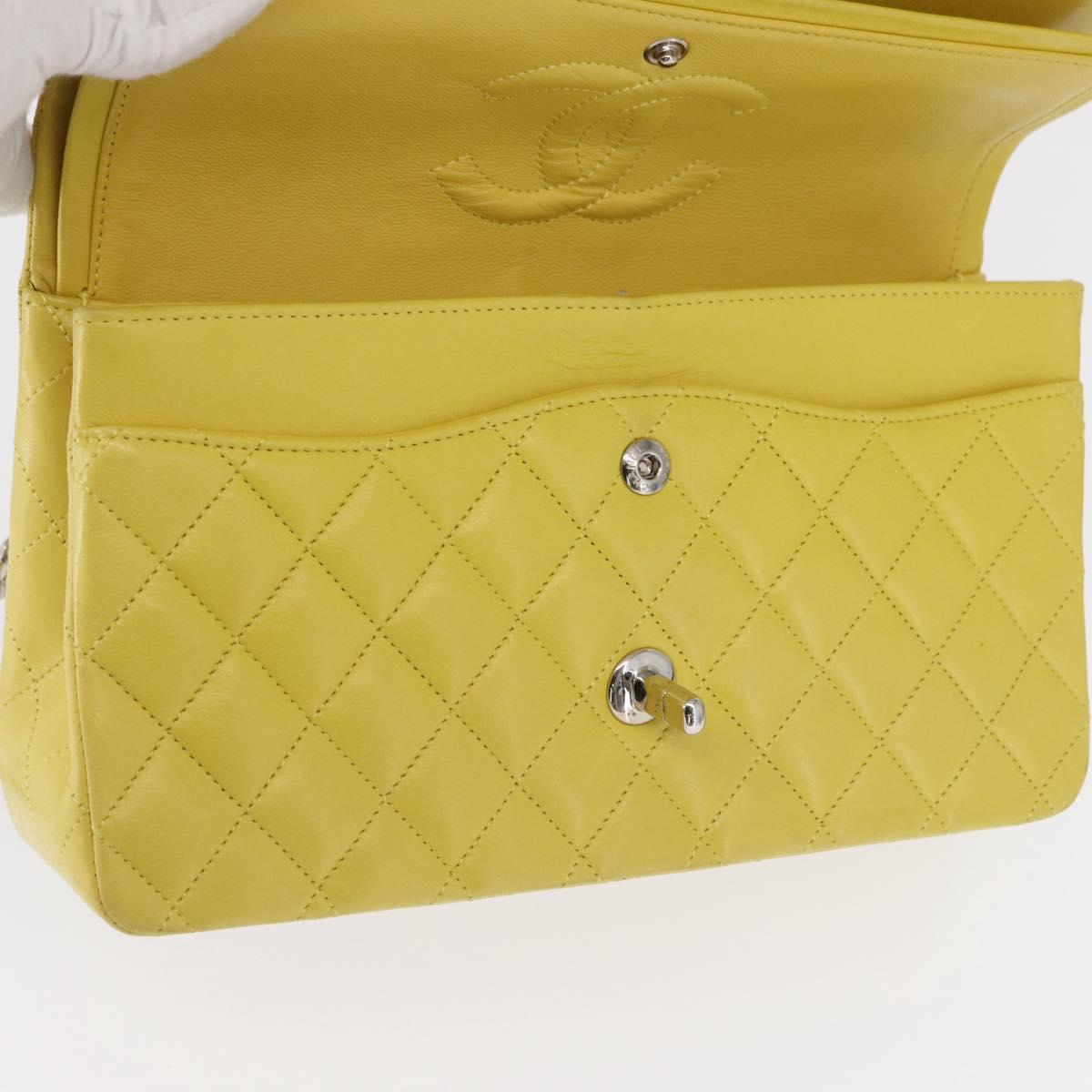 CHANEL Matelasse 25 Double Flap Chain Bag Lamb Skin Yellow CC Auth 156637SM