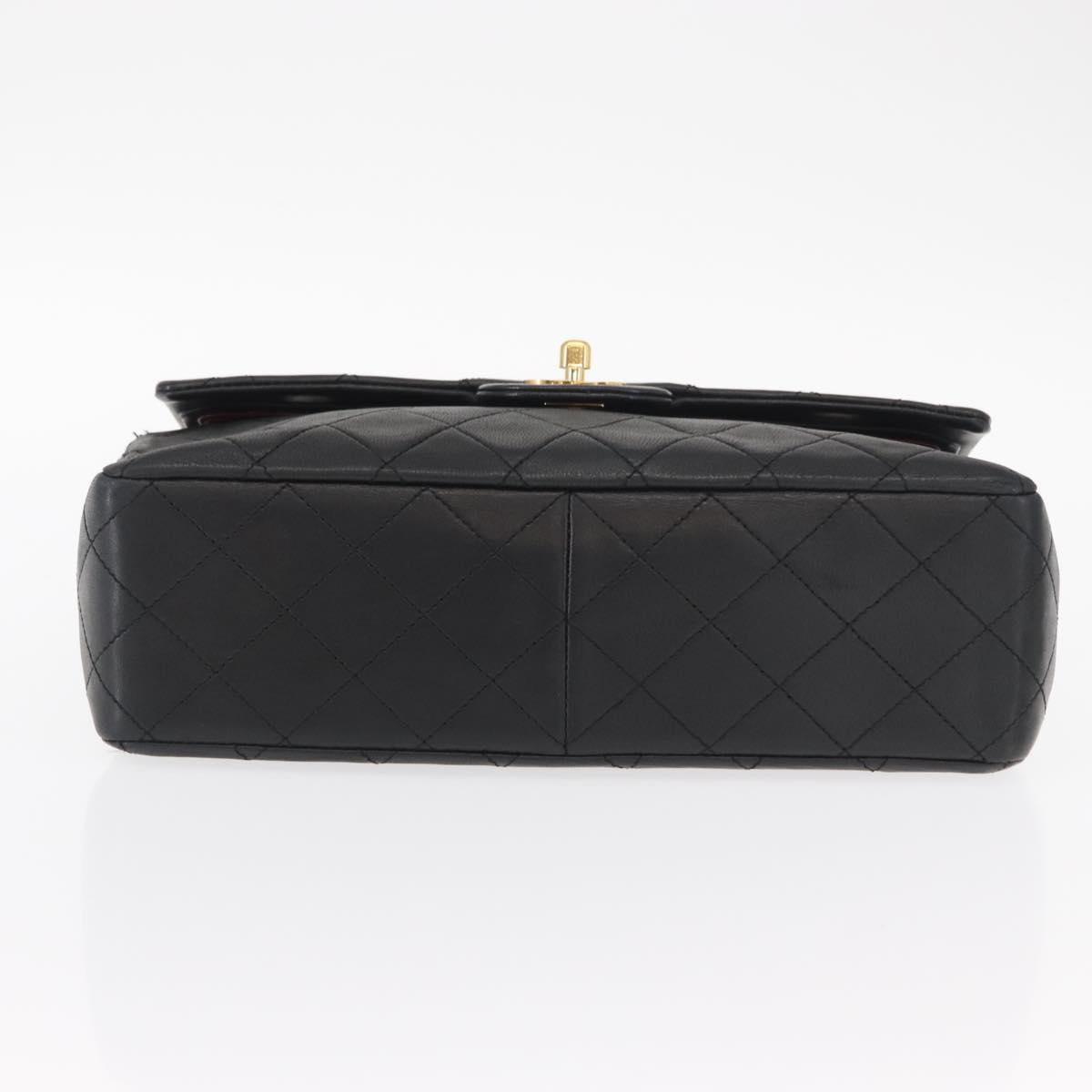 CHANEL Matelasse 25 Double Flap Chain Bag Lamb Skin Black Gold CC Auth 156638SAV