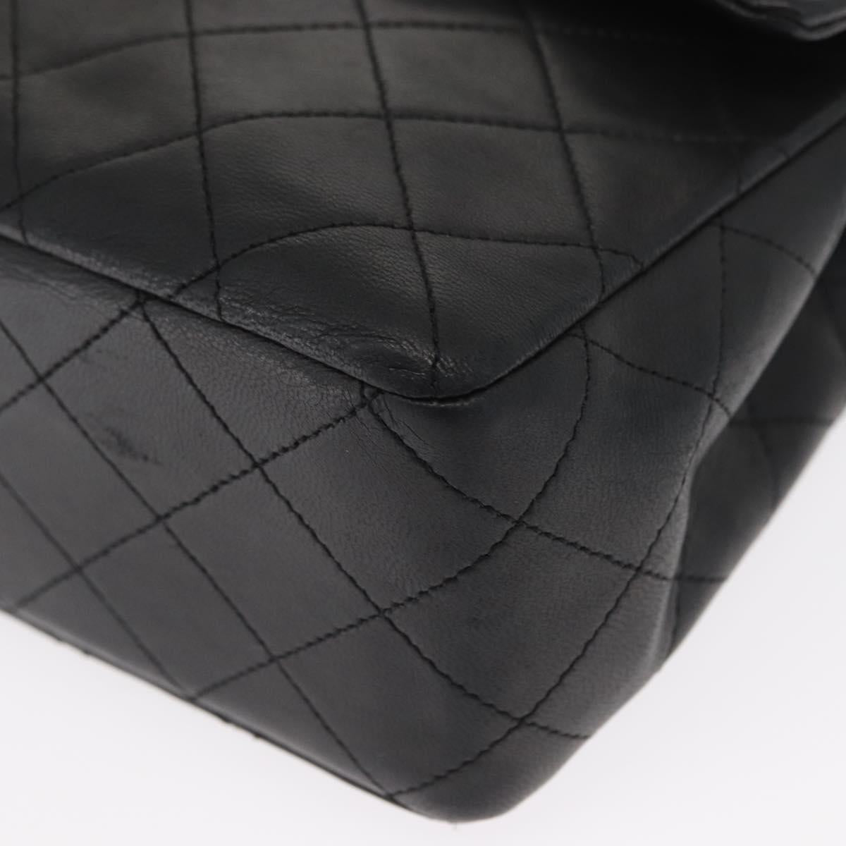 CHANEL Matelasse 25 Double Flap Chain Bag Lamb Skin Black Gold CC Auth 156638SAV