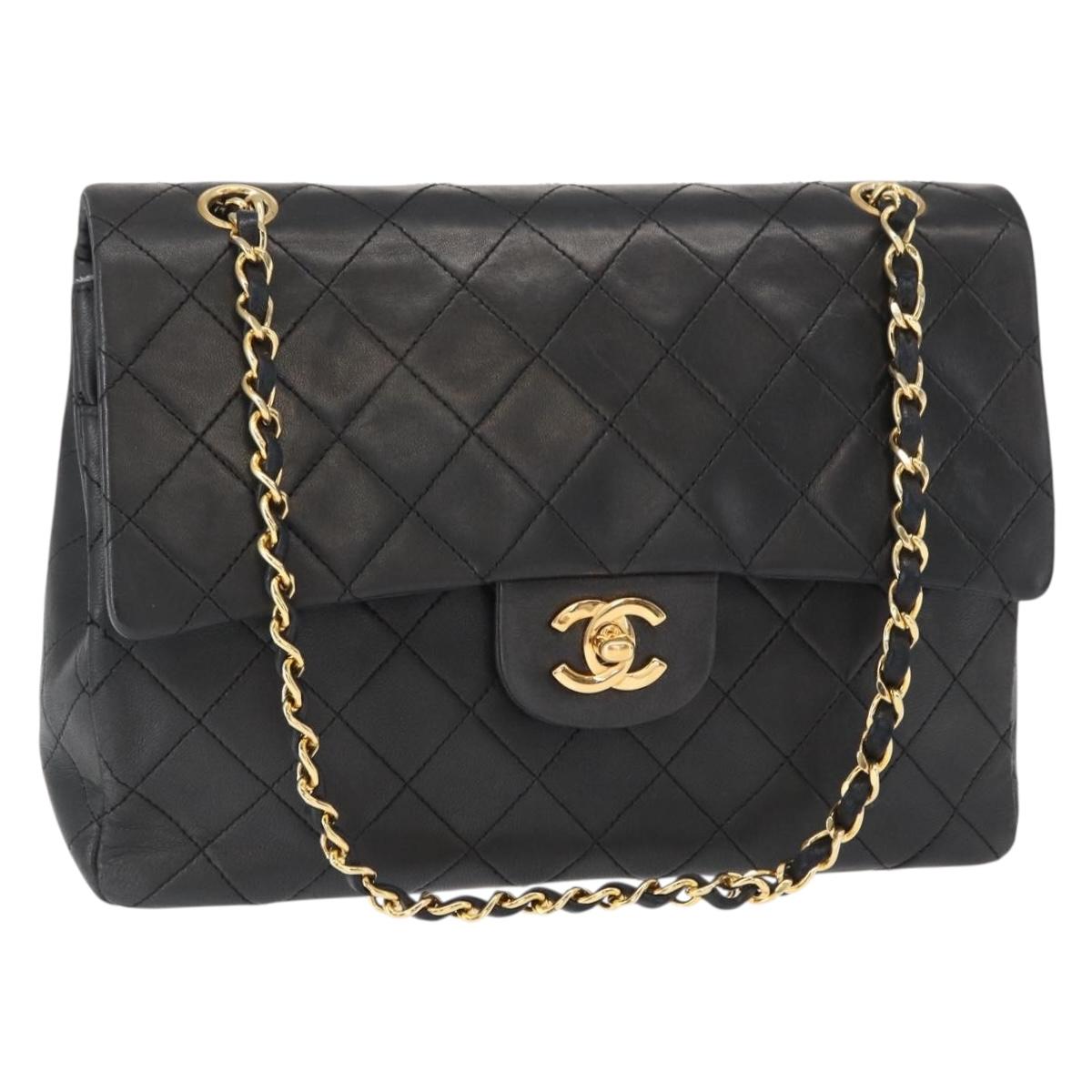 CHANEL Matelasse 25 Double Flap Chain Bag Lamb Skin Black Gold CC Auth 156638SAV