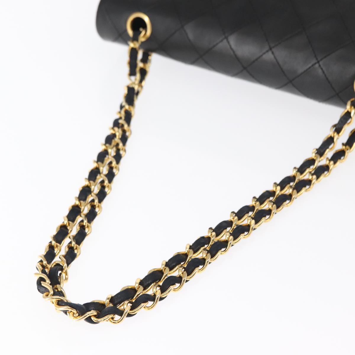 CHANEL Matelasse 25 Double Flap Chain Bag Lamb Skin Black Gold CC Auth 156638SAV