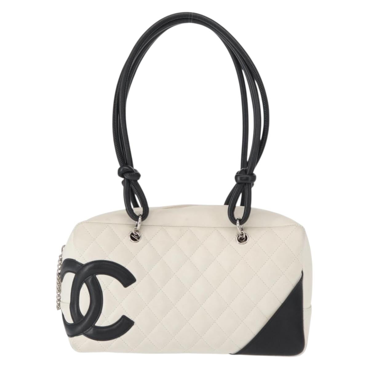 CHANEL Matelasse Bowling Bag Cambon Line Calf Skin White Black CC Auth 156643V