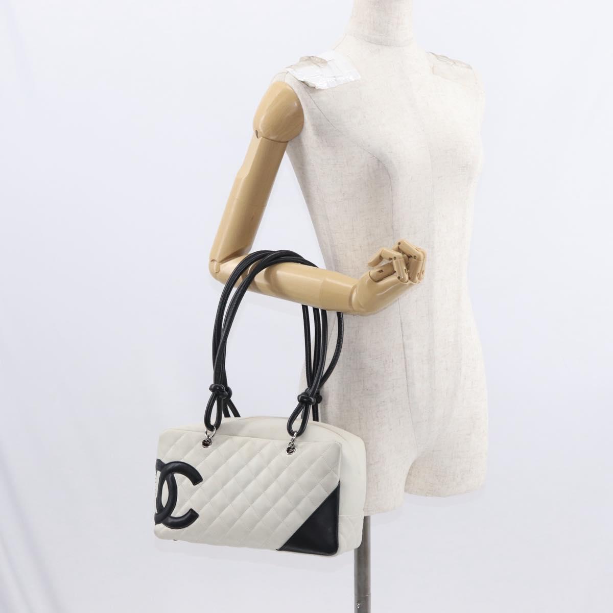 CHANEL Matelasse Bowling Bag Cambon Line Calf Skin White Black CC Auth 156643V