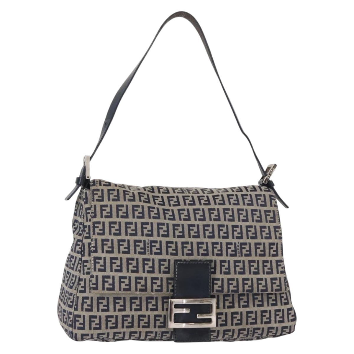 FENDI Zucchino Canvas Mamma Baguette Shoulder Bag Navy Silver Auth 156654V