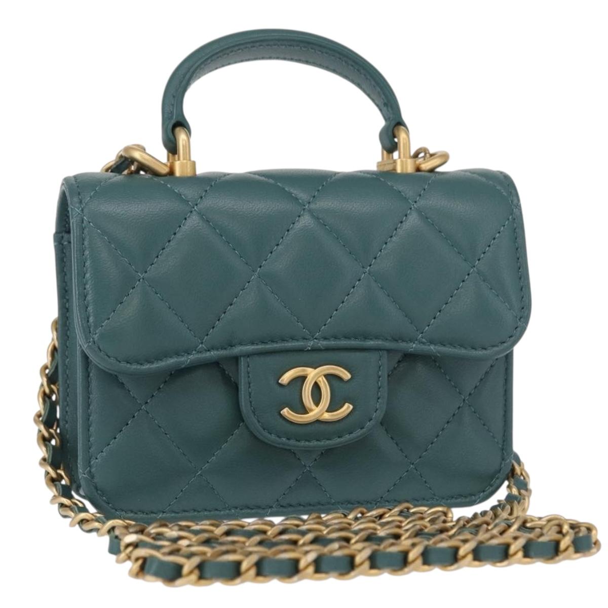 CHANEL Matelasse Chain Shoulder Bag Lamb Skin 2way Green Gold CC Auth 156667SM