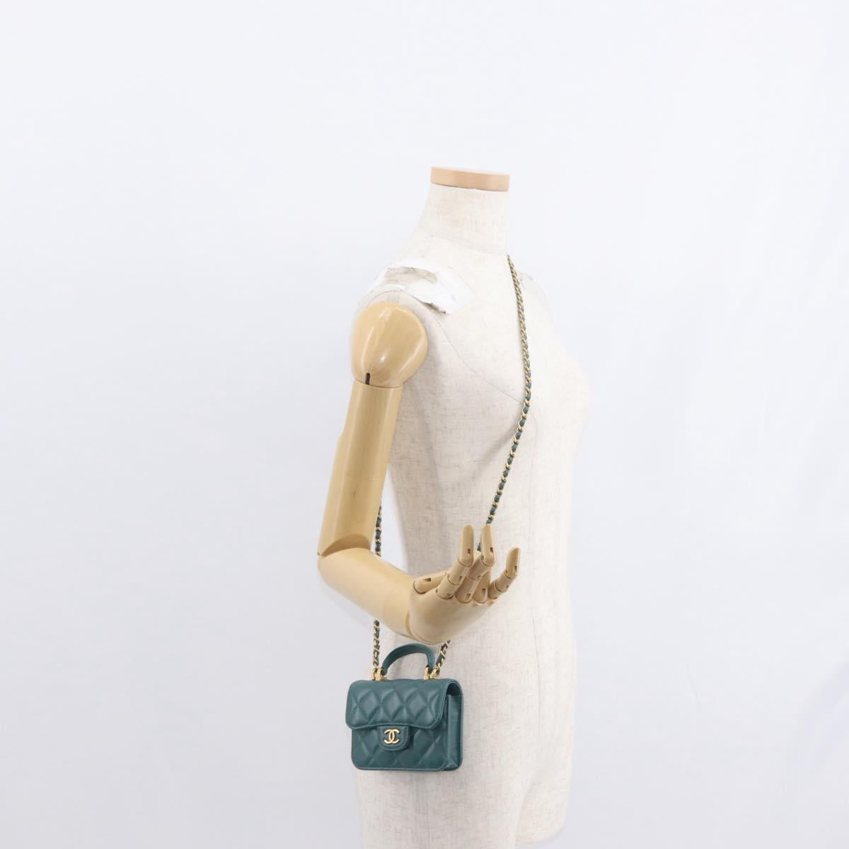 CHANEL Matelasse Chain Shoulder Bag Lamb Skin 2way Green Gold CC Auth 156667SM