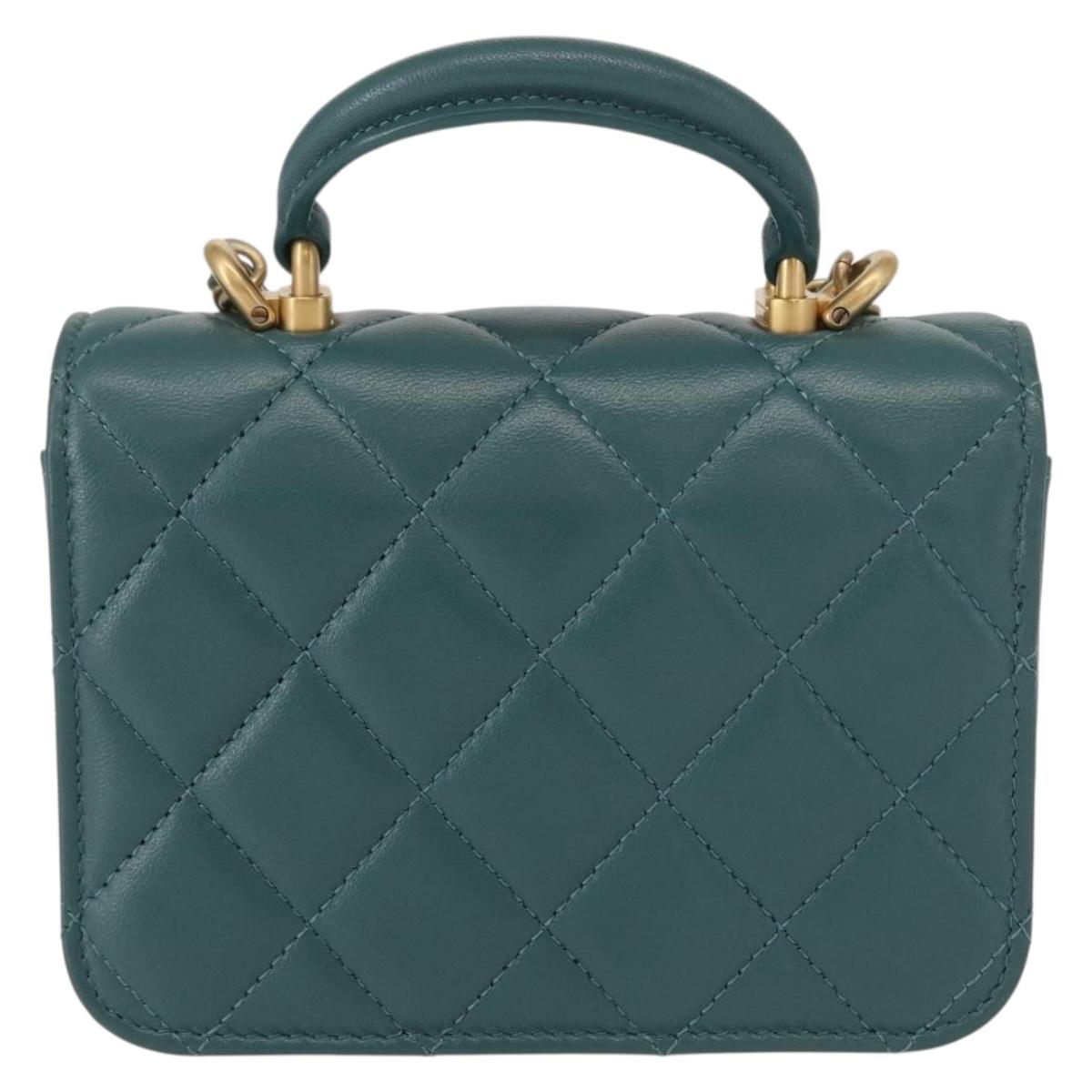 CHANEL Matelasse Chain Shoulder Bag Lamb Skin 2way Green Gold CC Auth 156667SM