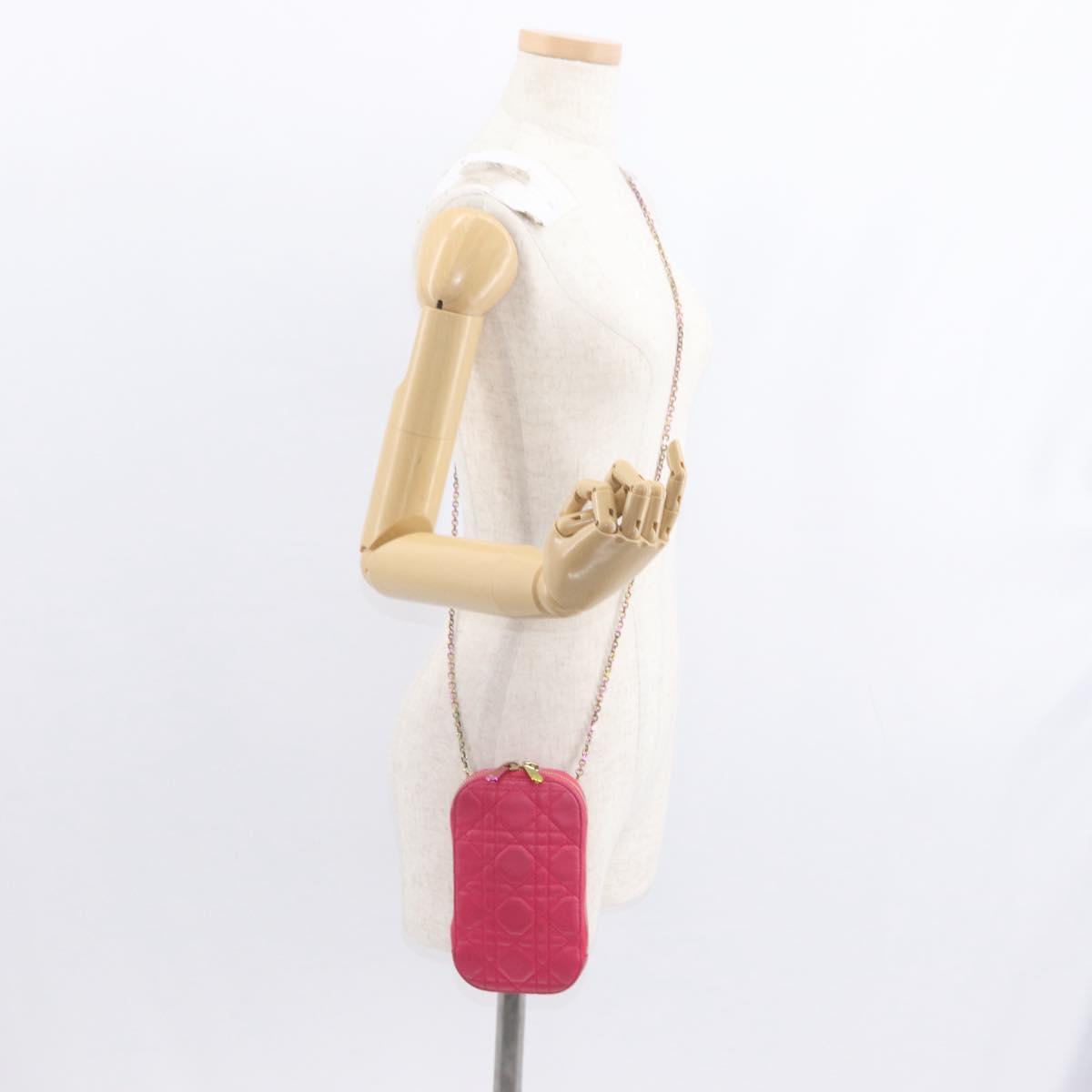 Christian Dior Cannage Phone Chain Shoulder Pouch 2way Pink Gold Auth 156668V