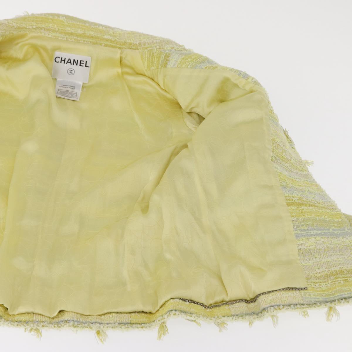 CHANEL Jacket Tweed Yellow Silver CC Auth 156695M