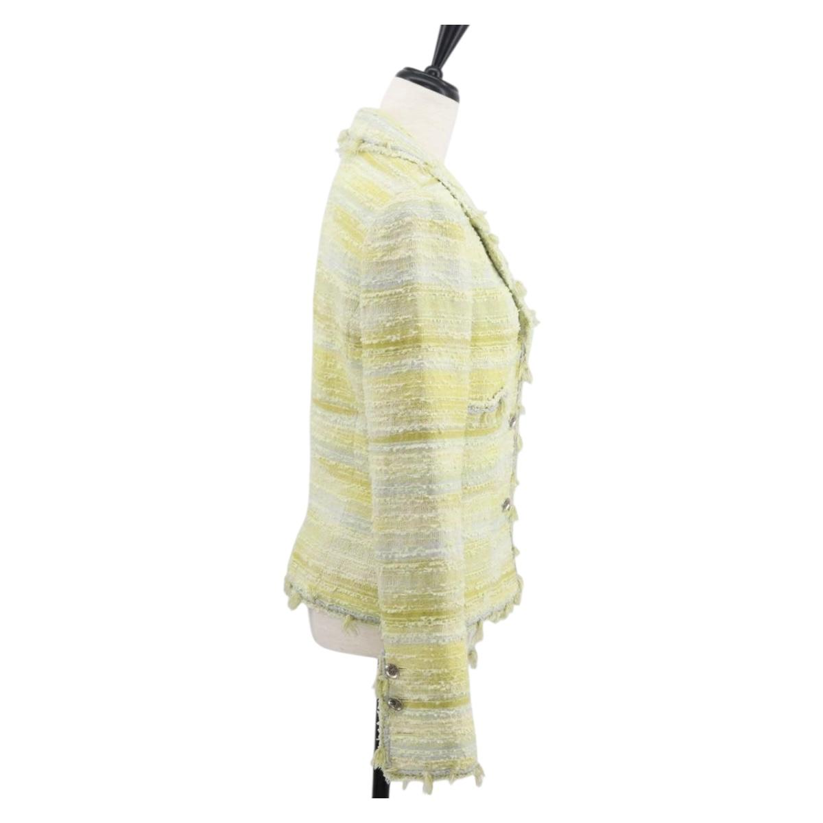 CHANEL Jacket Tweed Yellow Silver CC Auth 156695M