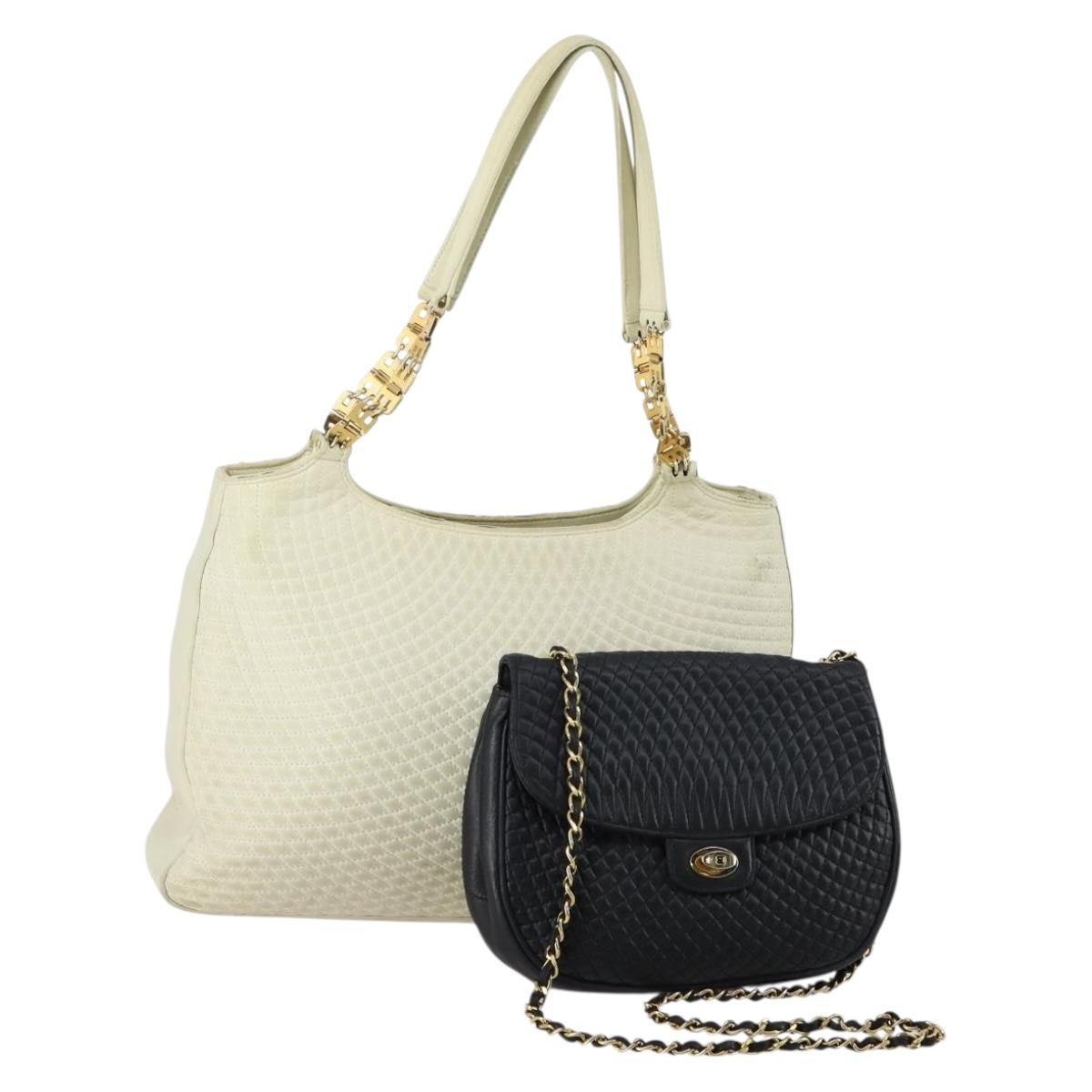 BALLY Tote Bag Leather 2 Set Black Ivory Auth 156704