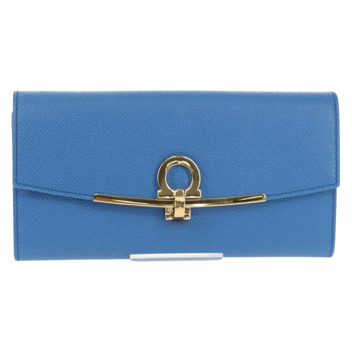 Salvatore Ferragamo Gancini Long Wallet Leather Blue Gold Auth 156708V