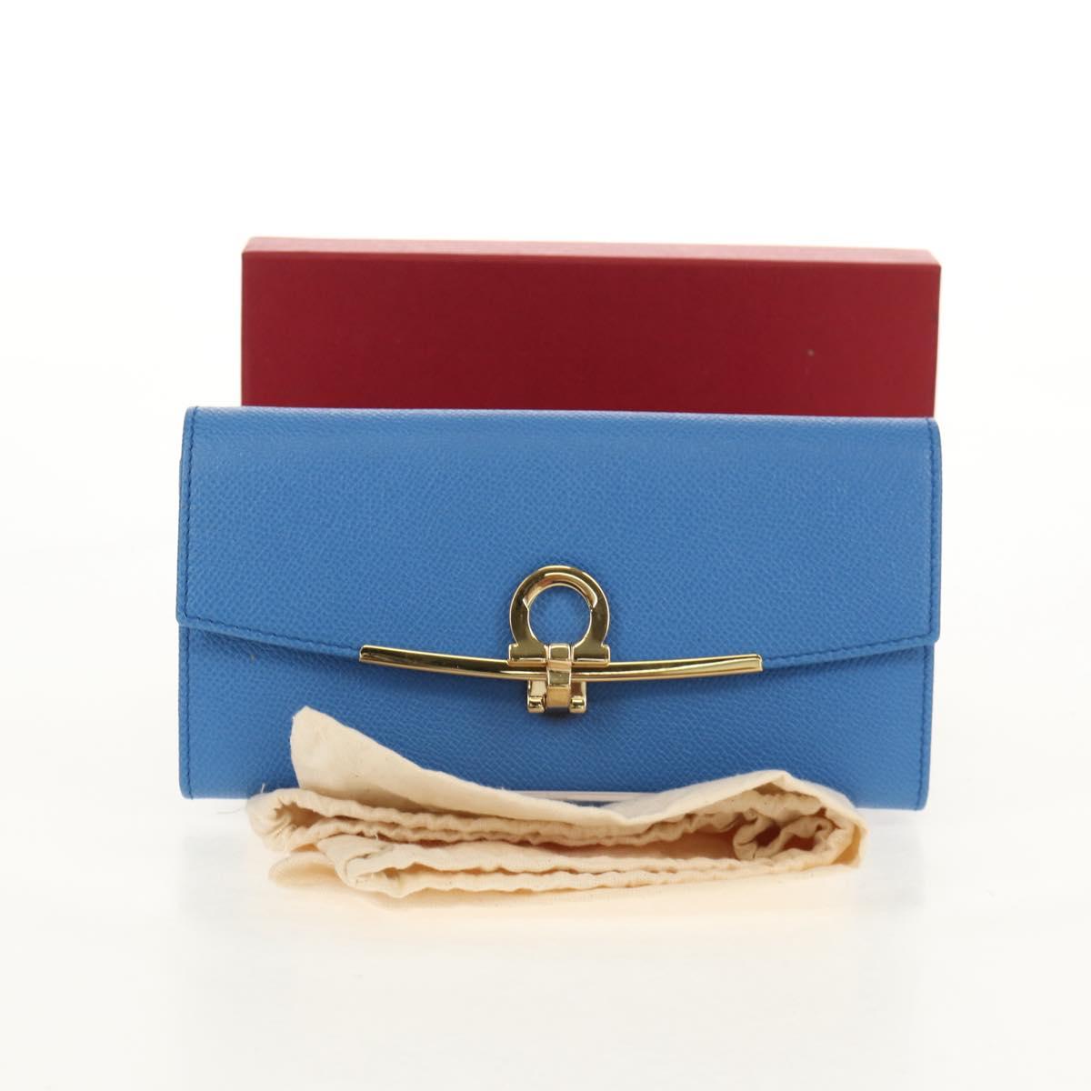 Salvatore Ferragamo Gancini Long Wallet Leather Blue Gold Auth 156708V