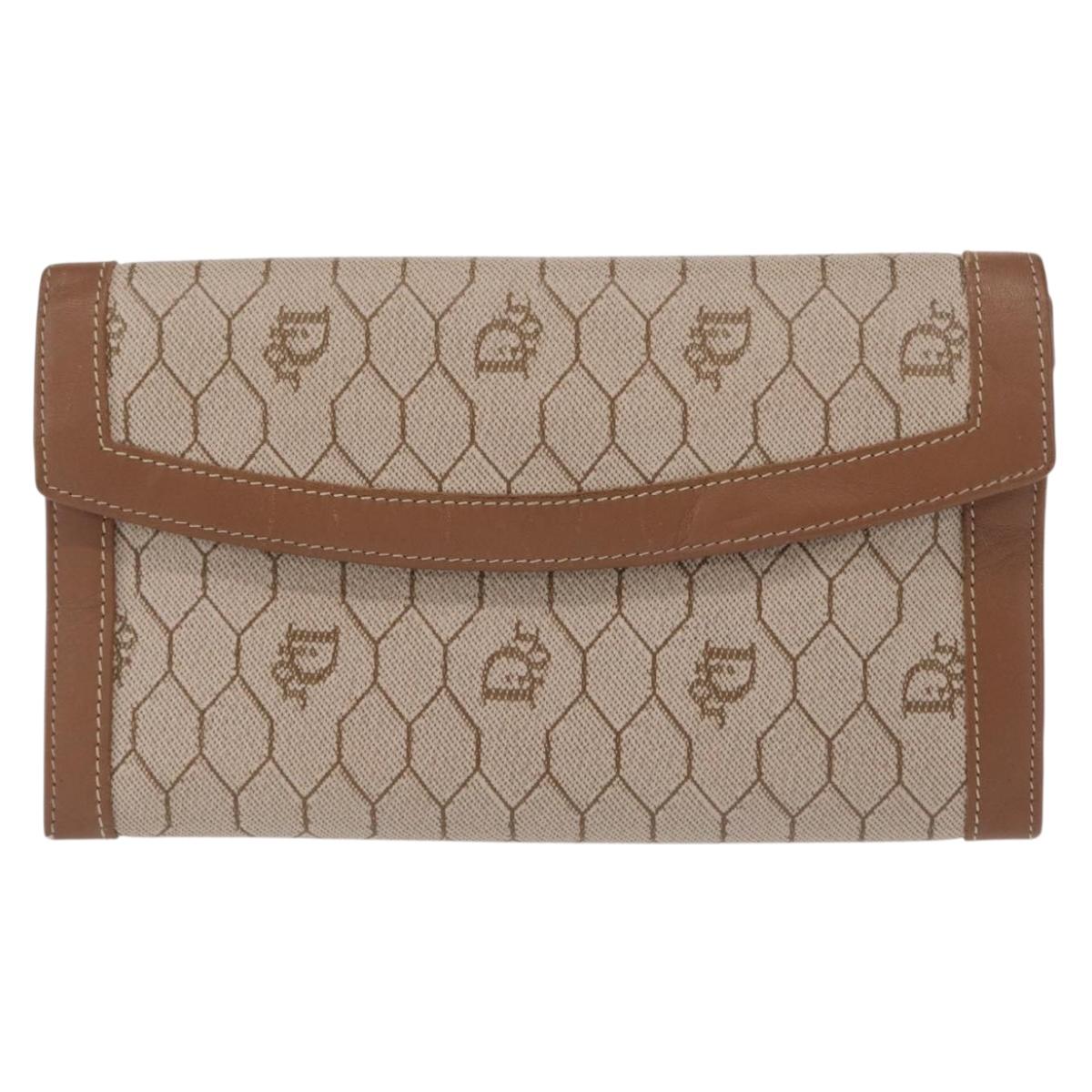 Christian Dior Honeycomb Canvas Long Wallet PVC Beige gold Auth 156709