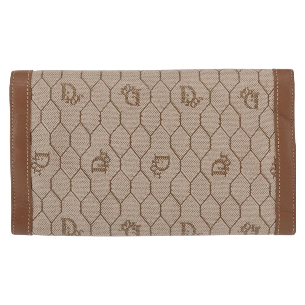 Christian Dior Honeycomb Canvas Long Wallet PVC Beige gold Auth 156709