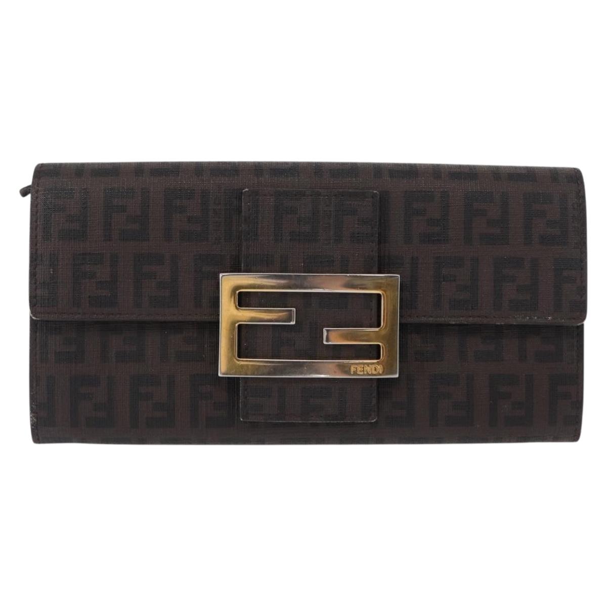 FENDI Zucchino Canvas Mamma Baguette Long Wallet PVC Brown Gold Auth 156711