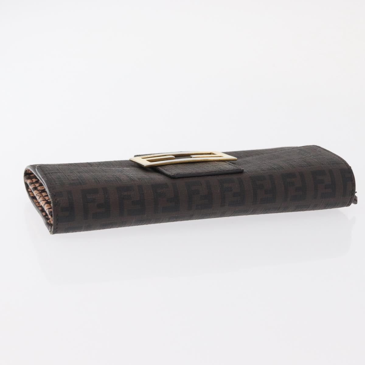 FENDI Zucchino Canvas Mamma Baguette Long Wallet PVC Brown Gold Auth 156711