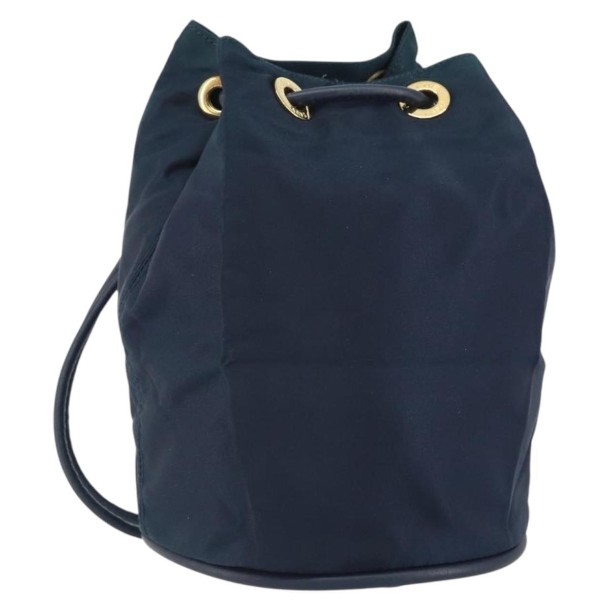 CELINE Circle Shoulder Bag Nylon Leather Navy Gold Auth 156729