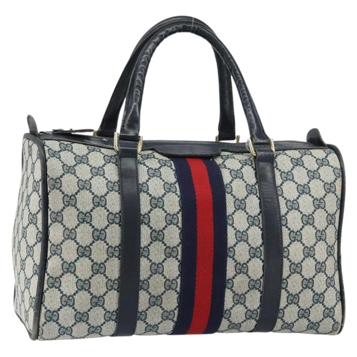 GUCCI GG Supreme Sherry Line Boston Bag PVC Navy Gold Auth 156820