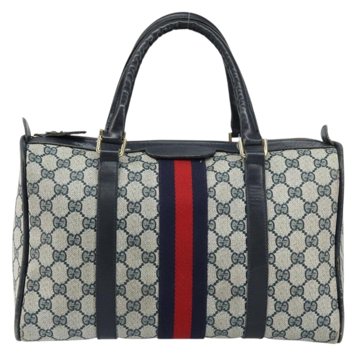 GUCCI GG Supreme Sherry Line Boston Bag PVC Navy Gold Auth 156820