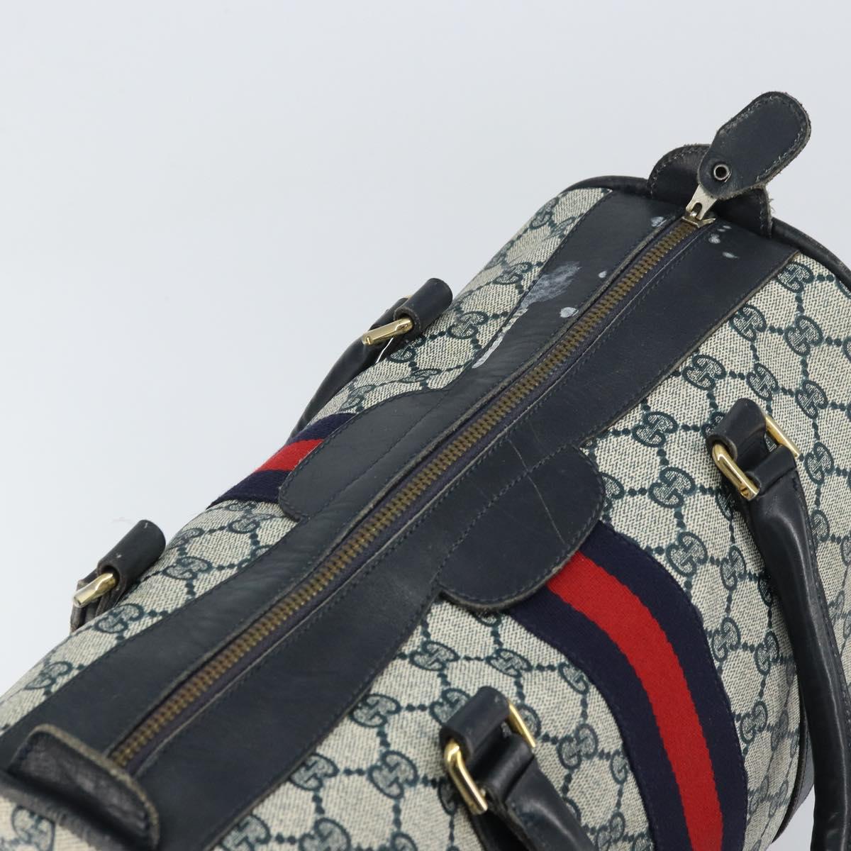 GUCCI GG Supreme Sherry Line Boston Bag PVC Navy Gold Auth 156820