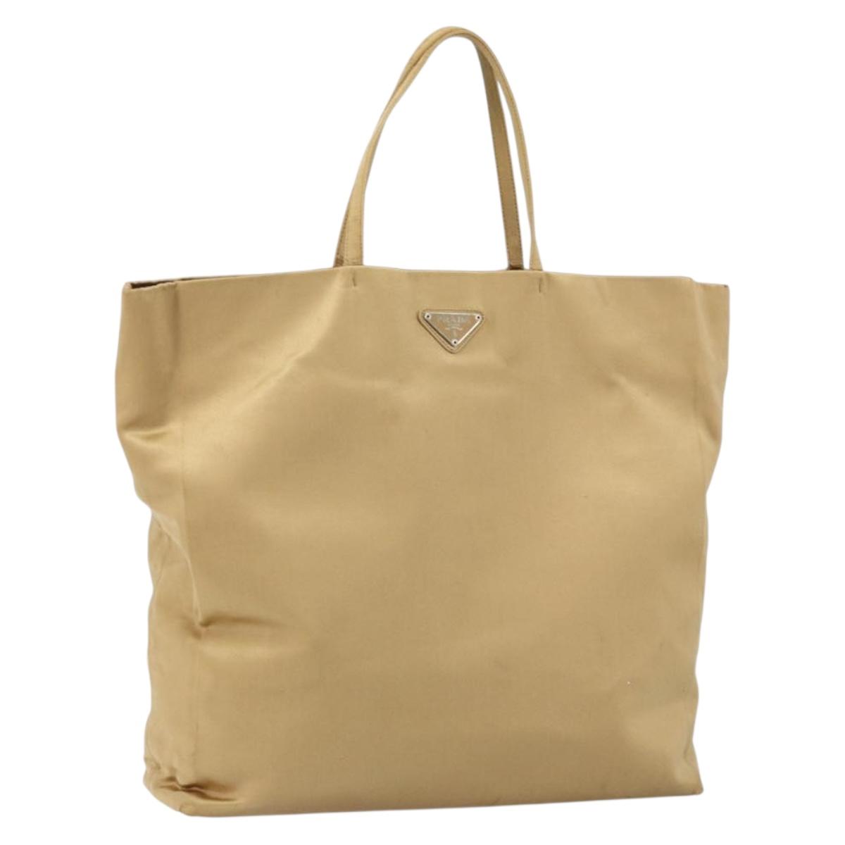 PRADA Tote Bag Satin Beige Silver Auth 156863