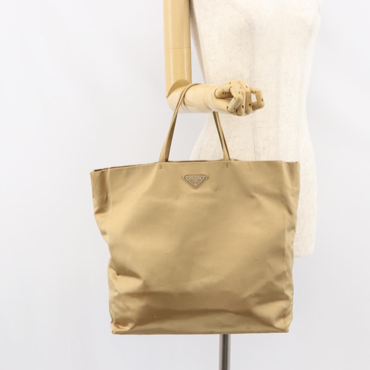 PRADA Tote Bag Satin Beige Silver Auth 156863