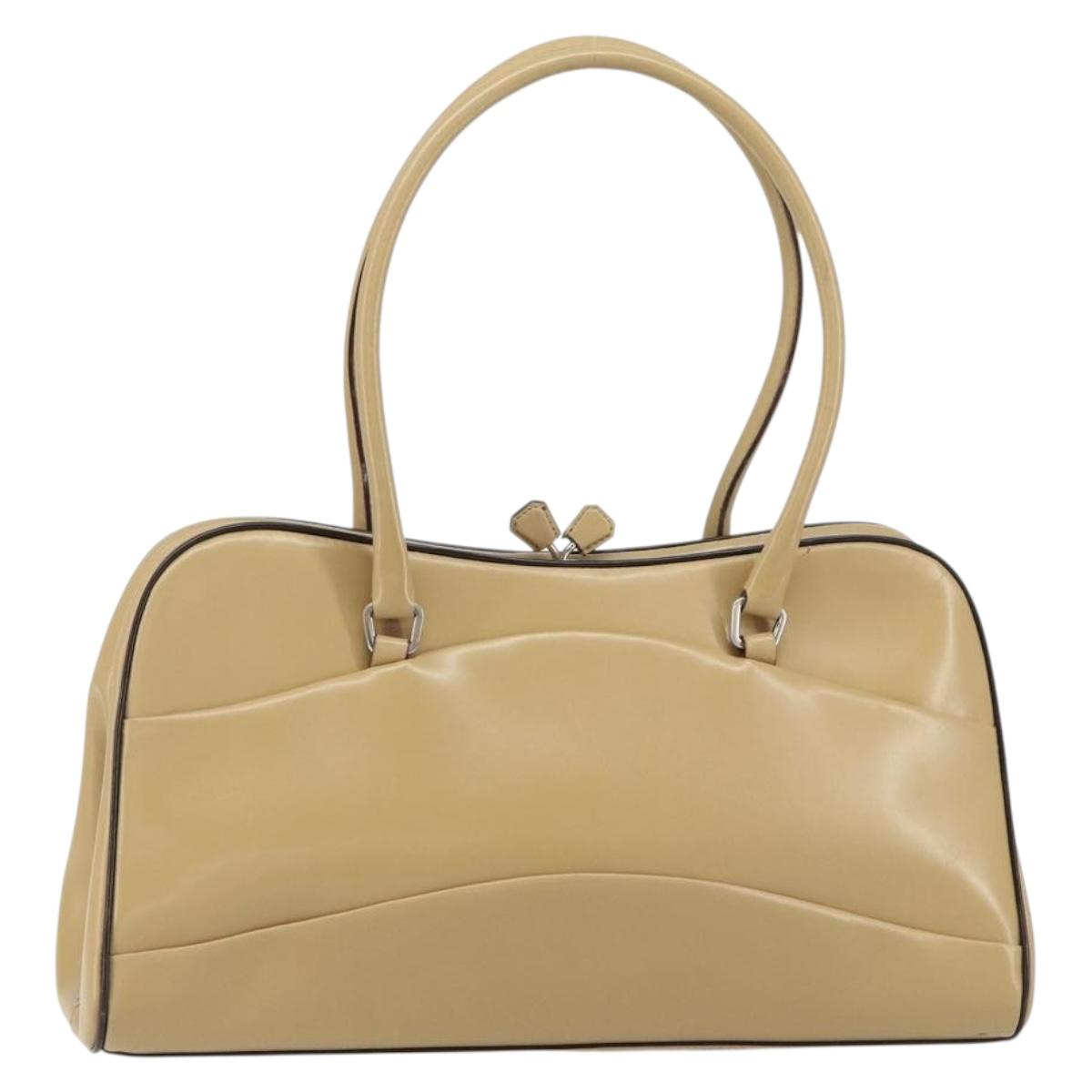PRADA Hand Bag Leather Beige Silver Auth 156868