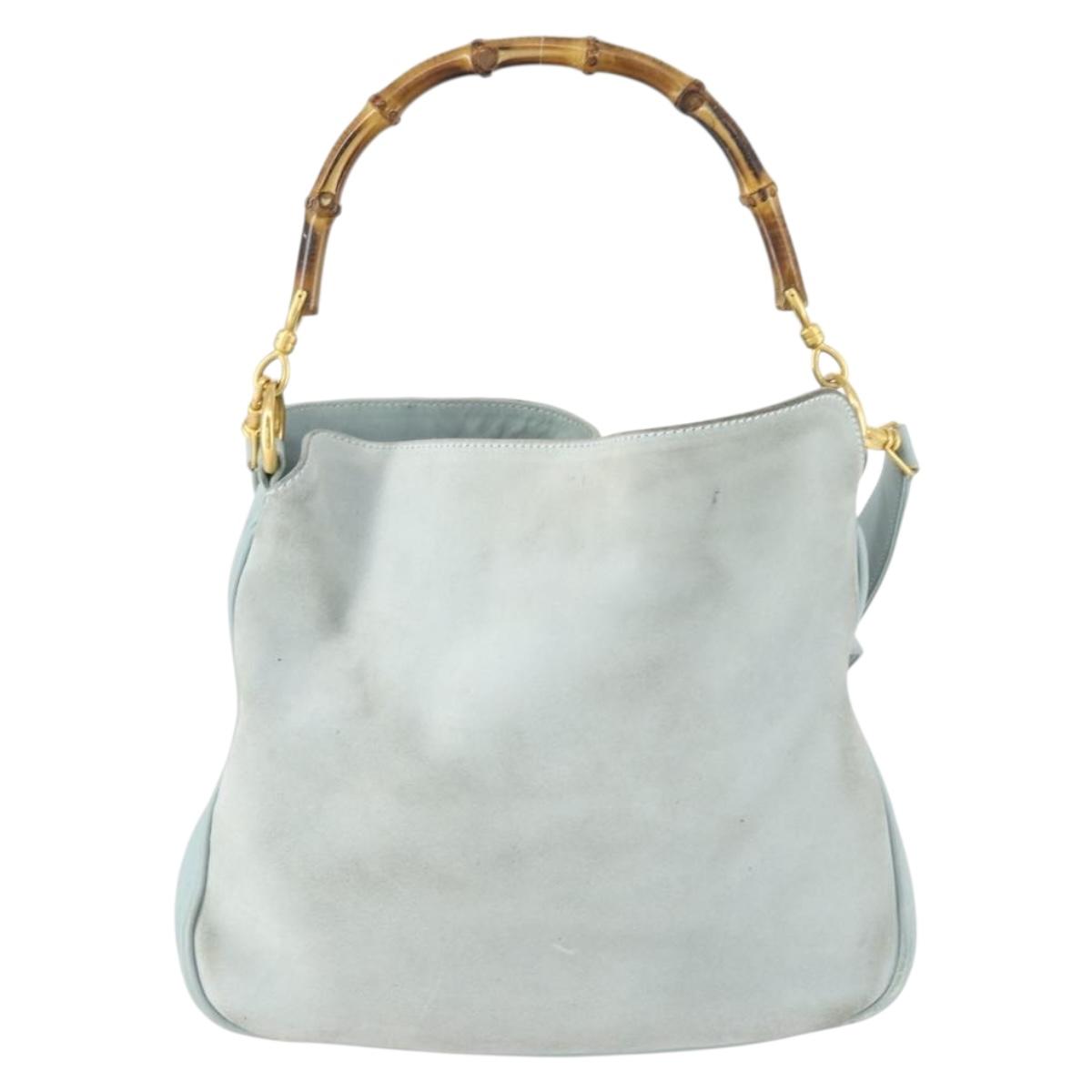 GUCCI Bamboo Hand Bag Suede 2way Light Blue Gold 001 1638 2615 Auth 156879