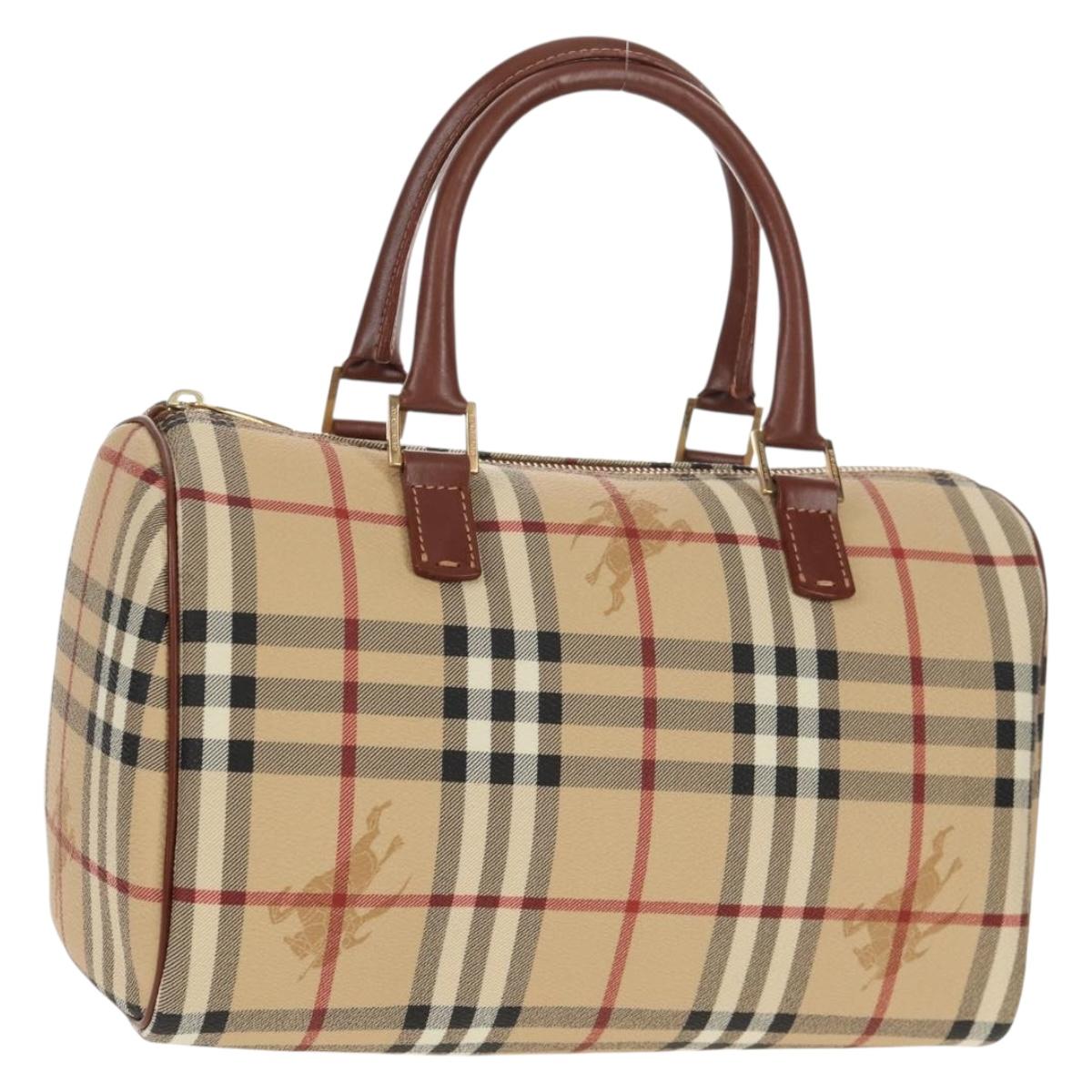 BURBERRY Nova Check Boston Bag PVC Leather Beige Gold Auth 156880V